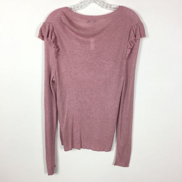 Madewell XL Ruffle Sleeve Pullover Sweater Knit Heather Pink Ribbed Lightweight - Picture 4 of 8